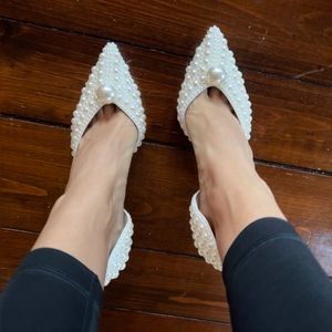 Pearl-Embellished Pointed Toe D'Orsay Heels - White